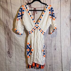 Pia Pauro White Blue and Orange Short Sleeve Romper Tassel Geometric Pattern S